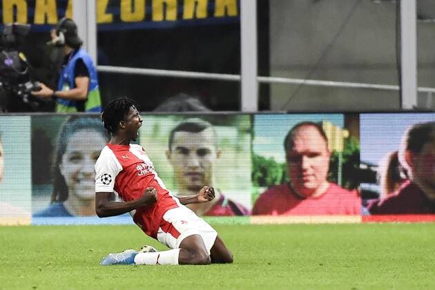 Photo LaPresse Marco Alpozzi September 17, 2019 Milan (Italy) soccer Inter Vs Slavia Praha - Champions League group stage - Group F - Giuseppe Meazza stadium In the pic: Peter Olayinka (SK Slavia Prague); celebrating after scoaring goal 0-1  Copyright: xMarcoxAlpozzi LaPresse LaPresse x
