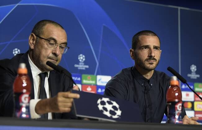 Fußball, CL, Juventus Turin Pressekonferenz Photo LaPresse - Fabio Ferrari September 17, 2019 Madrid (Spain) soccer press conference, PK, Pressekonferenz day before Atletico Madrid vs Juventus Fc - Uefa Champions League 2019 2020 - Group Stage 1 6 - Group D - Stadium Wanda Metropolitano of Madrid In the pic:Leonardo Bonucci (Juventus F.C.);Maurizio Sarri (Juventus F.C.);  Copyright: xFabioxFerrari LaPressex