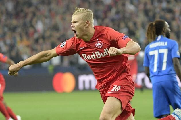 Salzburg s Erling Braut Haland celebrates after scoring during a game between Austrian club RB Salzburg and Belgian RC Genk, Tuesday 17 September 2019 in Salzburg, Austria, first match in the group stage of the UEFA Champions League. YORICKxJANSENS  x05665879x