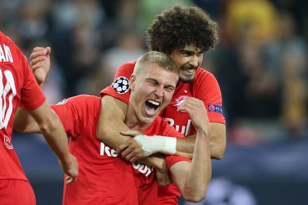 SOCCER - CL, RBS vs Genk SALZBURG,AUSTRIA,17.SEP.19 - SOCCER - UEFA Champions League, group stage, Red Bull Salzburg vs KRC Genk. Image shows the rejoicing of Rasmus Kristensen and Andre Ramalho (RBS). GEPAxpictures xMathiasxMandl