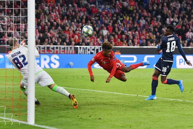 Tor von Kingsley COMAN (Bayern Muenchen) per Kopf,Kopballtor gegen Milan BORJAN (Torwart Belgrad) und JANDER (Belgrad). FC Bayern Muenchen-Roter Stern Belgrad Fussball Champions League,Gruppe B, Gruppenphase,1.Spieltag, am 18.09.2019. A L L I A N Z A R E N A. DFL REGULATIONS PROHIBIT ANY USE OF PHOTOGRAPHS AS IMAGE SEQUENCES AND OR QUASI-VIDEO.