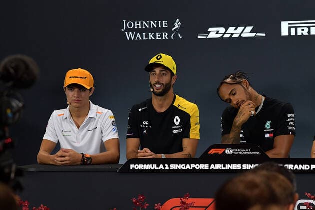 FORMULA 1 2019 SINGAPORE AIRLINES SINGAPORE GRAND PRIX 19.09.2019, Marina Bay Street Circuit, Singapore, FORMULA 1 2019 SINGAPORE AIRLINES SINGAPORE GRAND PRIX ,im Bild Lando Norris (GBR 47), McLaren F1 Team, Daniel Ricciardo (AUS 3), Renault F1 Team, Lewis Hamilton (GB 44), Mercedes-AMG Petronas Motorsport