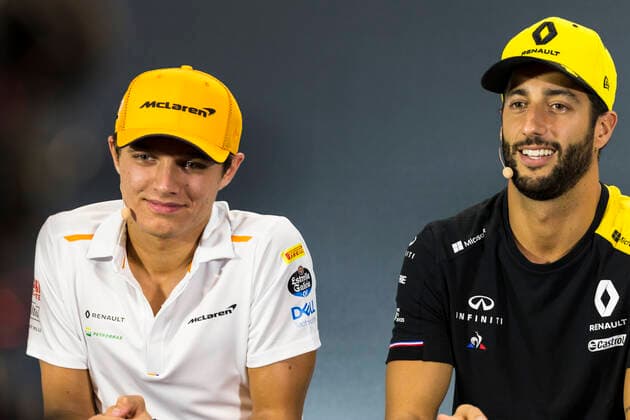 19th September 2019; The Marina Bay Circuit, Marina Bay, Singapore; Formula One, Arrival Day; Lando Norris and Daniel Ricciardo during the press conference, PK, Pressekonferenz  ActionPlus12168718 StephenxBlackberry