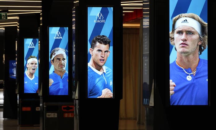TENNIS - Laver Cup 2019 GENEVA,SWITZERLAND,20.SEP.19 - TENNIS - Laver Cup, Team Europe vs Team World. Image shows Rafael Nadal (ESP), Roger Federer (SUI), Dominic Thiem (AUT) and Alexander Zverev (GER). GEPAxpictures xMatthiasxHauer