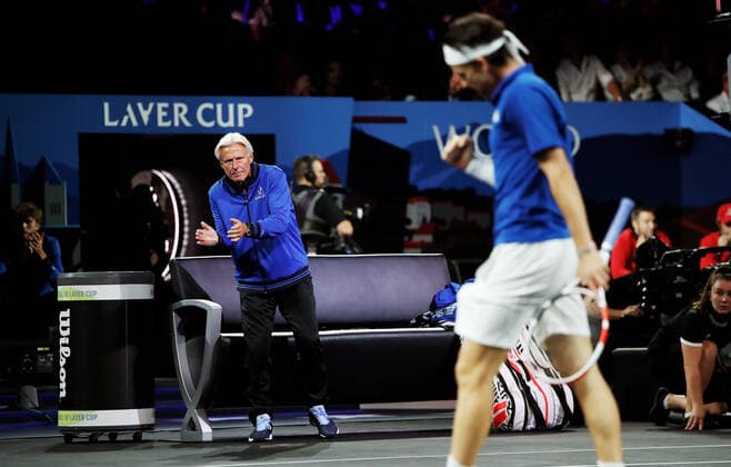 TENNIS - Laver Cup 2019 GENEVA,SWITZERLAND,20.SEP.19 - TENNIS - Laver Cup, Team Europe vs Team World. Image shows Bjoern Borg and Dominic Thiem (AUT). GEPAxpictures xMatthiasxHauer