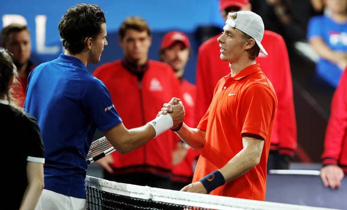 TENNIS - Laver Cup 2019 GENEVA,SWITZERLAND,20.SEP.19 - TENNIS - Laver Cup, Team Europe vs Team World. Image shows Dominic Thiem (AUT) and Denis Shapovalov (CAN). GEPAxpictures xMatthiasxHauer