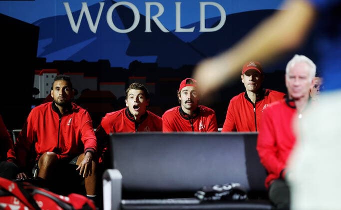TENNIS - Laver Cup 2019 GENEVA,SWITZERLAND,20.SEP.19 - TENNIS - Laver Cup, Team Europe vs Team World. Image shows Nick Kyrgios (AUS), Taylor Fritz (USA), Jordan Thompson (AUS) and John Isner (USA). GEPAxpictures xMatthiasxHauer