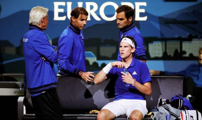 TENNIS - Laver Cup 2019 GENEVA,SWITZERLAND,20.SEP.19 - TENNIS - Laver Cup, Team Europe vs Team World. Image shows Bjoern Borg, Rafael Nadal (ESP), Dominic Thiem (AUT) and Roger Federer (SUI). GEPAxpictures xMatthiasxHauer