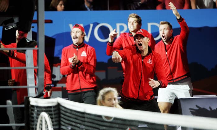 TENNIS - Laver Cup 2019 GENEVA,SWITZERLAND,20.SEP.19 - TENNIS - Laver Cup, Team Europe vs Team World. Image shows Jordan Thompson (AUS), Taylor Fritz (USA), John Isner (USA) and Jack Sock (USA). GEPAxpictures xMatthiasxHauer