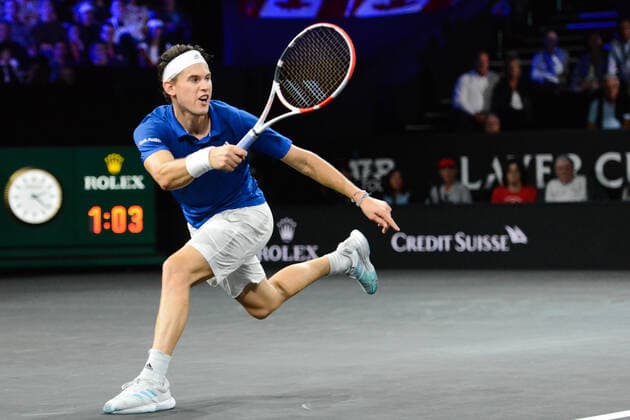 September 20, 2019, Geneva, Switzerland: Dominic Thiem in his singles match v. D. Shapovalov in the Laver Cup tennis event in Geneva Switzerland. Tennis 2019: Laver Cup Day 1 - ZUMAl132 20190920_zap_l132_010 Copyright: xChristopherxLevyx