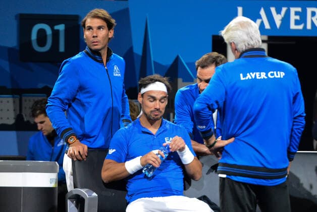 September 20, 2019, Geneva, Switzerland: FABIO FOGNINI with members of Team Europe during his singles match v. J. Sock in the Laver Cup tennis event in Geneva Switzerland. Tennis 2019: Laver Cup Day 1 - ZUMAl132 20190920_zap_l132_021 Copyright: xChristopherxLevyx