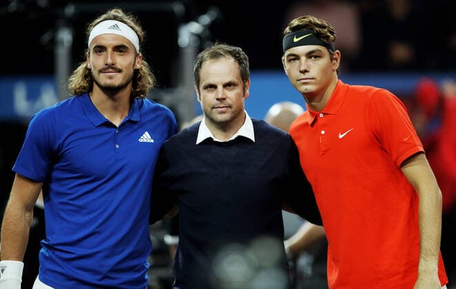 TENNIS - Laver Cup 2019 GENEVA,SWITZERLAND,20.SEP.19 - TENNIS - Laver Cup, Team Europe vs Team World. Image shows Stefanos Tsitsipas (GRE), Severin Luethi and Taylor Fritz (USA). GEPAxpictures xMatthiasxHauer