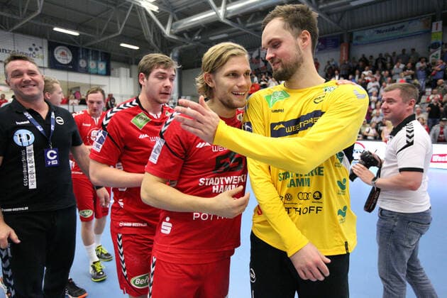v.l. Marten Franke (ASV Hamm-Westfalen 55), Felix Storbeck (ASV Hamm-Westfalen 1) GER, Handball, 2. Bundesliga, ASV Hamm-Westfalen gegen TV Emsdetten, 20.09.2019 Hamm Copyright: xEIBNER JanxStrohdiekx EP_JSK