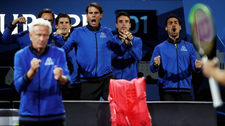 TENNIS - Laver Cup 2019 GENEVA,SWITZERLAND,20.SEP.19 - TENNIS - Laver Cup, Team Europe vs Team World. Image shows Dominic Thiem (AUT), Rafael Nadal (ESP), Roberto Bautista Agut (ESP) and Fabio Fognini (ITA). GEPAxpictures xMatthiasxHauer