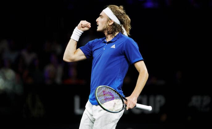 TENNIS - Laver Cup 2019 GENEVA,SWITZERLAND,20.SEP.19 - TENNIS - Laver Cup, Team Europe vs Team World. Image shows the rejoicing of Stefanos Tsitsipas (GRE). GEPAxpictures xMatthiasxHauer
