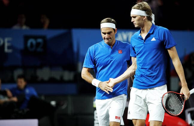 TENNIS - Laver Cup 2019 GENEVA,SWITZERLAND,20.SEP.19 - TENNIS - Laver Cup, Team Europe vs Team World. Image shows Roger Federer (SUI) and Alexander Zverev (GER). GEPAxpictures xMatthiasxHauer