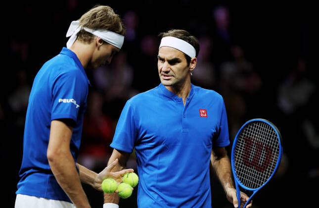 TENNIS - Laver Cup 2019 GENEVA,SWITZERLAND,20.SEP.19 - TENNIS - Laver Cup, Team Europe vs Team World. Image shows Alexander Zverev (GER) and Roger Federer (SUI). GEPAxpictures xMatthiasxHauer