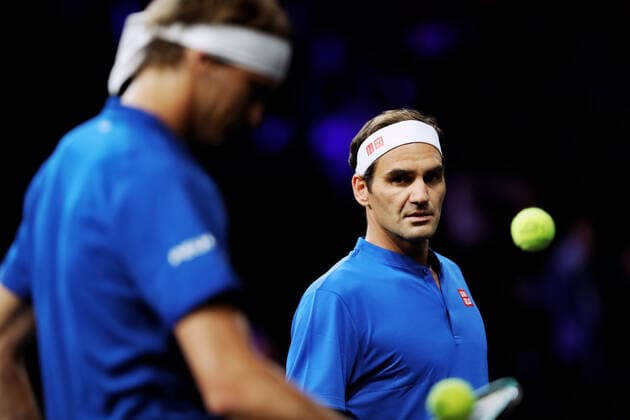 TENNIS - Laver Cup 2019 GENEVA,SWITZERLAND,20.SEP.19 - TENNIS - Laver Cup, Team Europe vs Team World. Image shows Alexander Zverev (GER) and Roger Federer (SUI). GEPAxpictures xMatthiasxHauer