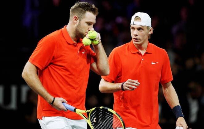 TENNIS - Laver Cup 2019 GENEVA,SWITZERLAND,20.SEP.19 - TENNIS - Laver Cup, Team Europe vs Team World. Image shows Jack Sock (USA) and Denis Shapovalov (CAN). GEPAxpictures xMatthiasxHauer