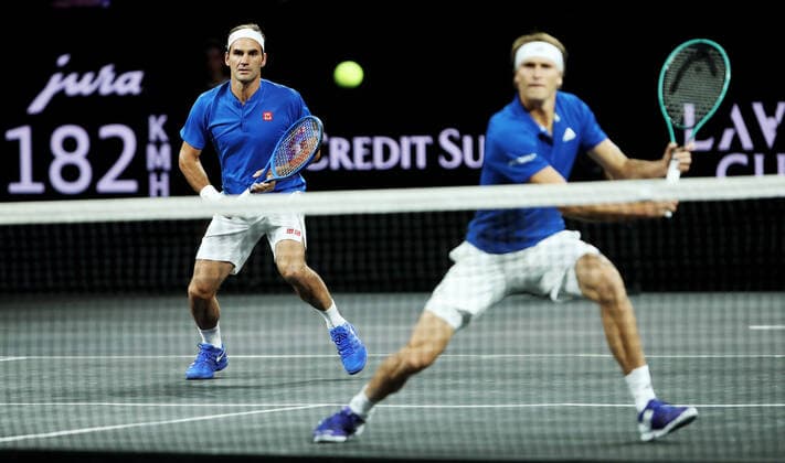 TENNIS - Laver Cup 2019 GENEVA,SWITZERLAND,20.SEP.19 - TENNIS - Laver Cup, Team Europe vs Team World. Image shows Roger Federer (SUI) and Alexander Zverev (GER). GEPAxpictures xMatthiasxHauer