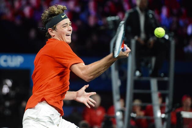 September 20, 2019, Geneva, Switzerland: TAYLOR FRITZ of the United States in his match v. S. Tsitsipas in the Laver Cup tennis event in Geneva Switzerland. Tennis 2019: Laver Cup Day 1 - ZUMAl132 20190920_zap_l132_048 Copyright: xChristopherxLevyx