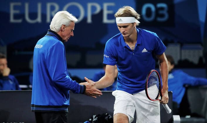 TENNIS - Laver Cup 2019 GENEVA,SWITZERLAND,21.SEP.19 - TENNIS - Laver Cup, Team Europe vs Team World. Image shows Bjoern Borg and Alexander Zverev (GER). GEPAxpictures xMatthiasxHauer