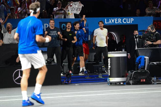September 21, 2019, Geneva, Switzerland: Members of Team Europe celebrate after Roger Federer won his match v. N. Kyrgios in the Laver Cup tennis event in Geneva Switzerland. Tennis 2019: Laver Cup Day 2 - ZUMAl132 20190921_zap_l132_010 Copyright: xChristopherxLevyx