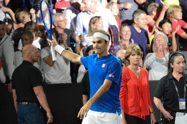 September 21, 2019, Geneva, Switzerland: ROGER FEDERER of Switzerland celebrates after winning his match v. N. Kyrgios in the Laver Cup tennis event in Geneva Switzerland. Tennis 2019: Laver Cup Day 2 - ZUMAl132 20190921_zap_l132_013 Copyright: xChristopherxLevyx