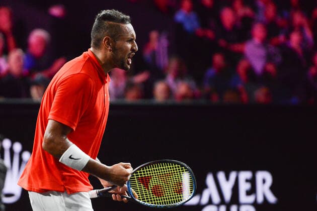 September 21, 2019, Geneva, Switzerland: NICK KYRGIOS celebrates winning the first set in his match v. R. Federer in the Laver Cup tennis event in Geneva Switzerland. Tennis 2019: Laver Cup Day 2 - ZUMAl132 20190921_zap_l132_024 Copyright: xChristopherxLevyx