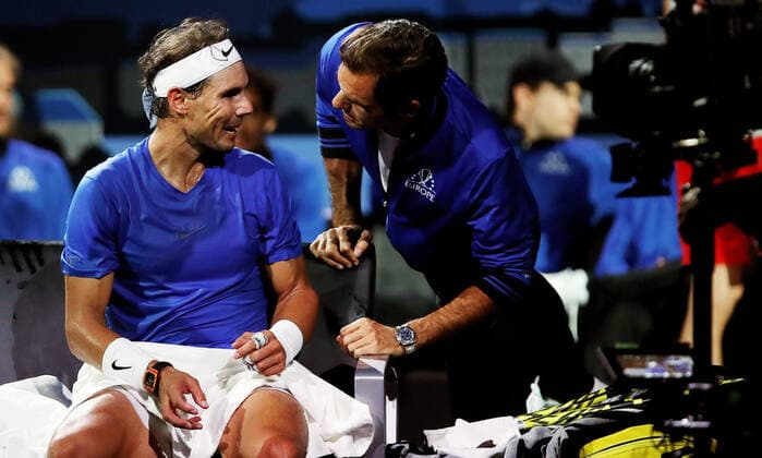 TENNIS - Laver Cup 2019 GENEVA,SWITZERLAND,21.SEP.19 - TENNIS - Laver Cup, Team Europe vs Team World. Image shows Rafael Nadal (ESP) and Roger Federer (SUI). GEPAxpictures xMatthiasxHauer