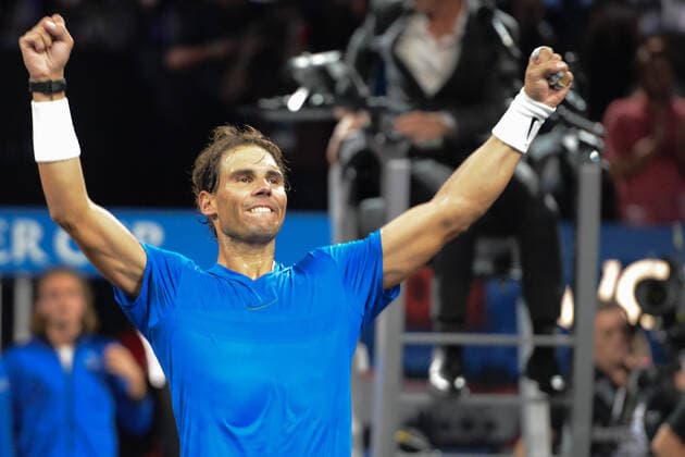 September 21, 2019, Geneva, Switzerland: RAFAEL NADAL celebrates after winning his match v. M. Raonic in the Laver Cup tennis event in Geneva Switzerland. Tennis 2019: Laver Cup Day 2 - ZUMAl132 20190921_zap_l132_039 Copyright: xChristopherxLevyx