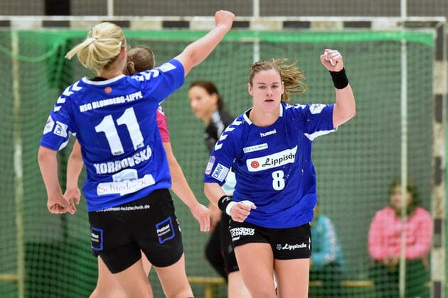 Jubel bei Tessa van Zijl (HSG Blomberg-Lippe) (R) und Kamila Kordovska (NR 11) ,GER, HSG Bad Wildungen Vipers - HSG Blomberg-Lippe, Handball, 1. Bundesliga Frauen, 21.09.2019, GER, HSG Bad Wildungen Vipers - HSG Blomberg-Lippe, Handball, 1. Liga Frauen, 21.09.2019 Bad Wildungen Copyright: xEIBNER RolandxSippelx EP_RSL