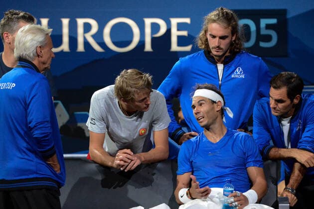 September 21, 2019, Geneva, Switzerland: RAFAEL NADAL with members of Team Europe during his match with. M. Raonic in the Laver Cup tennis event in Geneva Switzerland. Tennis 2019: Laver Cup Day 2 - ZUMAl132 20190921_zap_l132_052 Copyright: xChristopherxLevyx