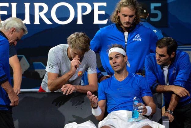 Sport Bilder des Tages September 21, 2019, Geneva, Switzerland: RAFAEL NADAL with mebers of Team Europe during his match with. M. Raonic in the Laver Cup tennis event in Geneva Switzerland. Tennis 2019: Laver Cup Day 2 - ZUMAl132 20190921_zap_l132_055 Copyright: xChristopherxLevyx