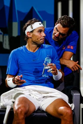 Rafael Nadal of Team Europe and Roger Federer of Team Europe reacts during Day 2 of the Laver Cup 2019 at Palexpo on September 21, 2019 in Geneva, Switzerland. The Laver Cup will see six players from the rest of the World competing against their counterparts from Europe. Team World is captained by John McEnroe and Team Europe is captained by Bjorn Borg. The tournament runs from September 20-22.  Copyright: xElenaxLeonix xIPAx xElenaxLeonix 0