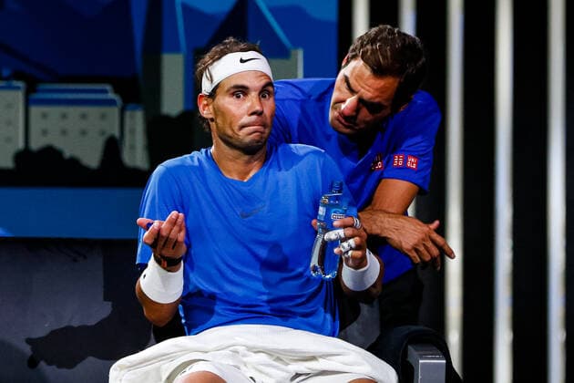 Rafael Nadal of Team Europe and Roger Federer of Team Europe reacts during Day 2 of the Laver Cup 2019 at Palexpo on September 21, 2019 in Geneva, Switzerland. The Laver Cup will see six players from the rest of the World competing against their counterparts from Europe. Team World is captained by John McEnroe and Team Europe is captained by Bjorn Borg. The tournament runs from September 20-22.  Copyright: xElenaxLeonix xIPAx xElenaxLeonix 0