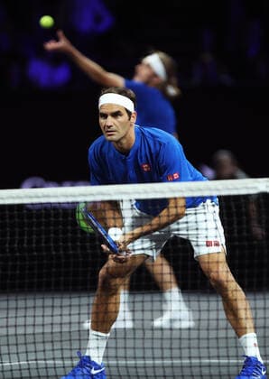 TENNIS - Laver Cup 2019 GENEVA,SWITZERLAND,22.SEP.19 - TENNIS - Laver Cup, Team Europe vs Team World. Image shows Stefanos Tsitsipas (GRE) and Roger Federer (SUI). GEPAxpictures xMatthiasxHauer