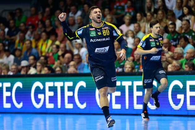 22.09.2019, xtgx, Handball Liqui Moly HBL, SC Magdeburg - Rhein Neckar Loewen emspor, v.l. Jannik Kohlbacher (Rhein Neckar Loewen, 80) Jubel, Torjubel, jubelt über das Tor, celebrate the goal, celebration GETEC Arena