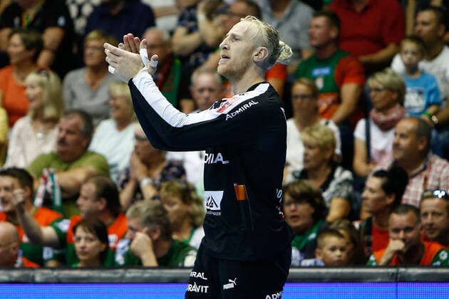 22.09.2019, xtgx, Handball Liqui Moly HBL, SC Magdeburg - Rhein Neckar Loewen emspor, v.l. Mikael Appelgren (Rhein Neckar Loewen, 1) Jubelt über gehaltenen Ball, abgewehrt, gehalten, Torhüter GETEC Arena