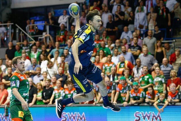 22.09.2019, xtgx, Handball Liqui Moly HBL, SC Magdeburg - Rhein Neckar Loewen emspor, v.l. Patrick Groetzki (Rhein Neckar Loewen, 24) wirft Tor, Torschütze, erzielt Tor, Treffer, scores the goal GETEC Arena