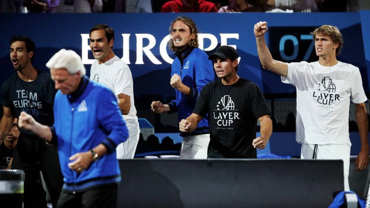 TENNIS - Laver Cup 2019 GENEVA,SWITZERLAND,22.SEP.19 - TENNIS - Laver Cup, Team Europe vs Team World. Image shows Fabio Fognini (ITA), Roger Federer (SUI), Stefanos Tsitsipas (GRE), Rafael Nadal (ESP) and Alexander Zverev (GER). GEPAxpictures xMatthiasxHauer