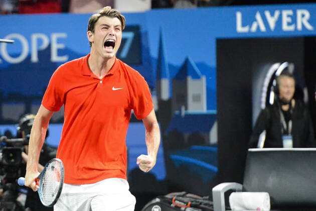September 22, 2019, Geneva, Switzerland: TAYLOR FRITZ celebrates after winning his match v. D. Thiem in the Laver Cup tennis event in Geneva Switzerland. Tennis 2019: Laver Cup Day 3 - ZUMAl132 20190922_zap_l132_021 Copyright: xChristopherxLevyx