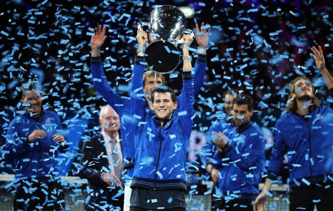 TENNIS - Laver Cup 2019 GENEVA,SWITZERLAND,22.SEP.19 - TENNIS - Laver Cup, Team Europe vs Team World. Image shows the rejoicing of Dominic Thiem (AUT). GEPAxpictures xMatthiasxHauer