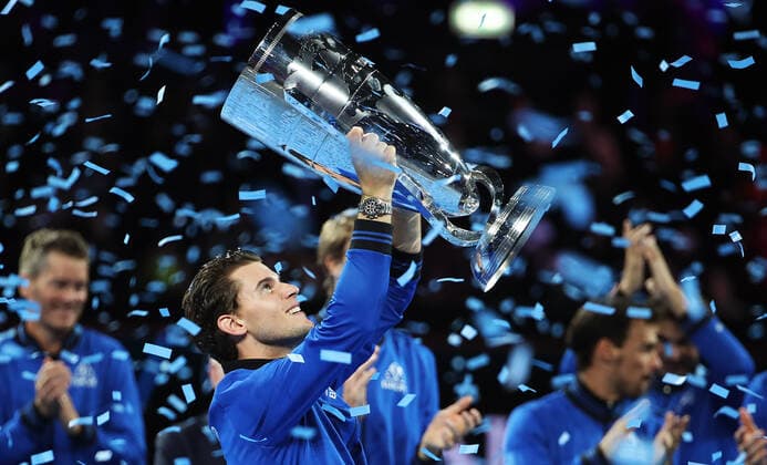 TENNIS - Laver Cup 2019 GENEVA,SWITZERLAND,22.SEP.19 - TENNIS - Laver Cup, Team Europe vs Team World. Image shows the rejoicing of Dominic Thiem (AUT). GEPAxpictures xMatthiasxHauer