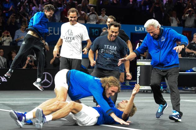 September 22, 2019, Geneva, Switzerland: Members of Team Europe celebrate winning the Laver Cup tennis event in Geneva Switzerland. Tennis 2019: Laver Cup Day 3 - ZUMAl132 20190922_zap_l132_035 Copyright: xChristopherxLevyx