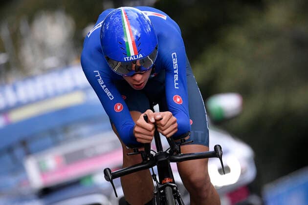 Italian Antonio Tiberi pictured in action during the Men Junior Individual Time Trial at the UCI Road World Championships cycling in Harrogate, North Yorkshire, United Kingdom, Monday 23 September 2019. The Worlds are taking place from 21 to 29 September. YORICKxJANSENS  x05670202x