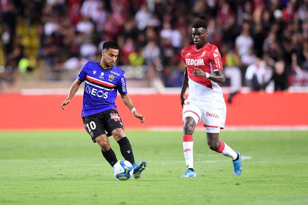 10 ADAM OUNAS (NICE) - 32 BENOIT BADIASHILE (MONA) FOOTBALL : Monaco vs Nice - Ligue 1 Conforama - 24 09 2019 FEP Panoramic 