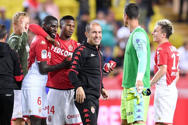 JOIE - FAIR PLAY - 17 ALEKSANDR GOLOVIN (MONA) - 06 TIEMOUE BAKAYOKO (MONA) - 14 KEITA BALDE (MONA) - LEONARDO JARDIM (ENTRAINEUR MONACO) FOOTBALL : Monaco vs Nice - Ligue 1 Conforama - 24 09 2019 FEP Panoramic 