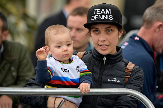 Australian Rohan Dennis wife Melissa Hoskins and their son pictured during the Men Elite Individual Time Trial at the UCI Road World Championships cycling in Harrogate, North Yorkshire, United Kingdom, Wednesday 25 September 2019. The Worlds are taking place from 21 to 29 September. YORICKxJANSENS  x05671397x