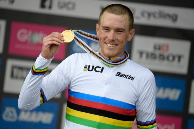 Australian Rohan Dennis of Bahrain-Merida , winner of the gold medal celebrates on the podium of the Men Elite Individual Time Trial at the UCI Road World Championships cycling in Harrogate, North Yorkshire, United Kingdom, Wednesday 25 September 2019. The Worlds are taking place from 21 to 29 September. YORICKxJANSENS  x05671522x